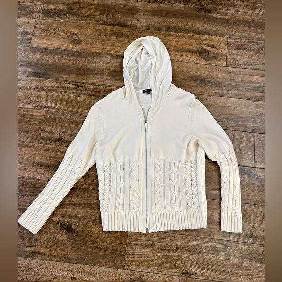 Lafayette 148 New York Fine Gauge Merino Wool Cable Knit Hoodie Zipper Sweater - Picture 2 of 8